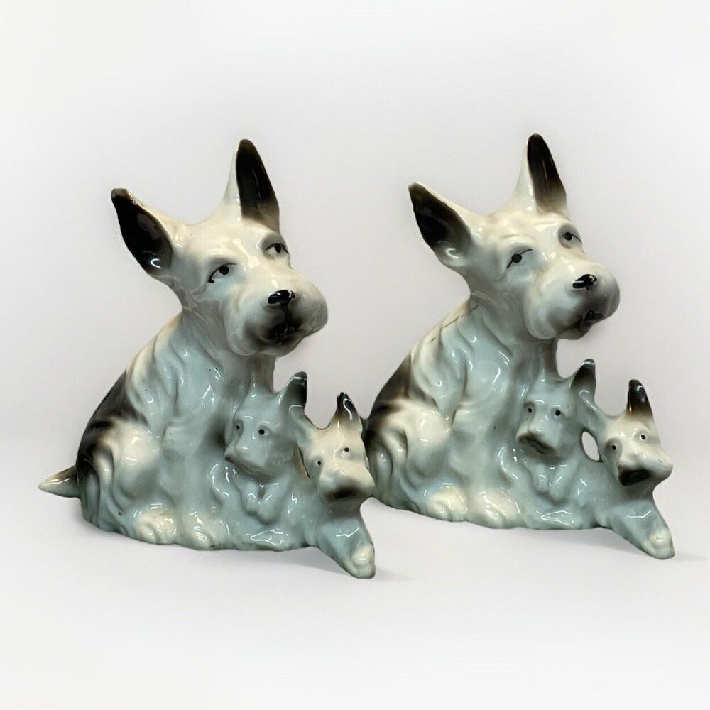 Vintage Scottish Terrier Scotty Dog & Puppies Porcelain Figurine Japan Set Of 2